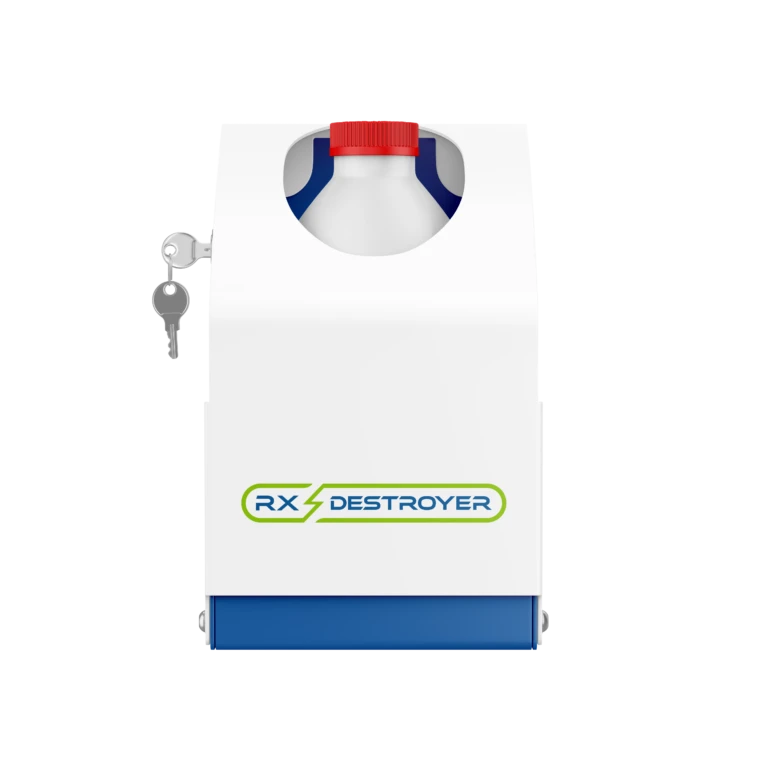 Rx Destroyer bottle mount with red cap, blue handle straps, and lock key with security cable for hospital drug disposal