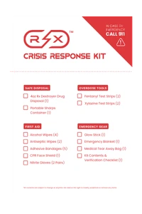 Rx Destroyer Crisis Response Kit information flyer showing contents and checklist items