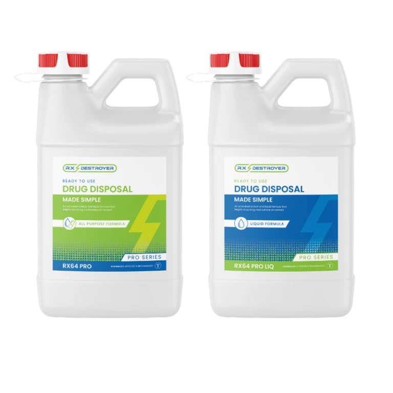 Two white Rx Destroyer Ready to Use containers with red caps showing fill, shake, dispose instructions